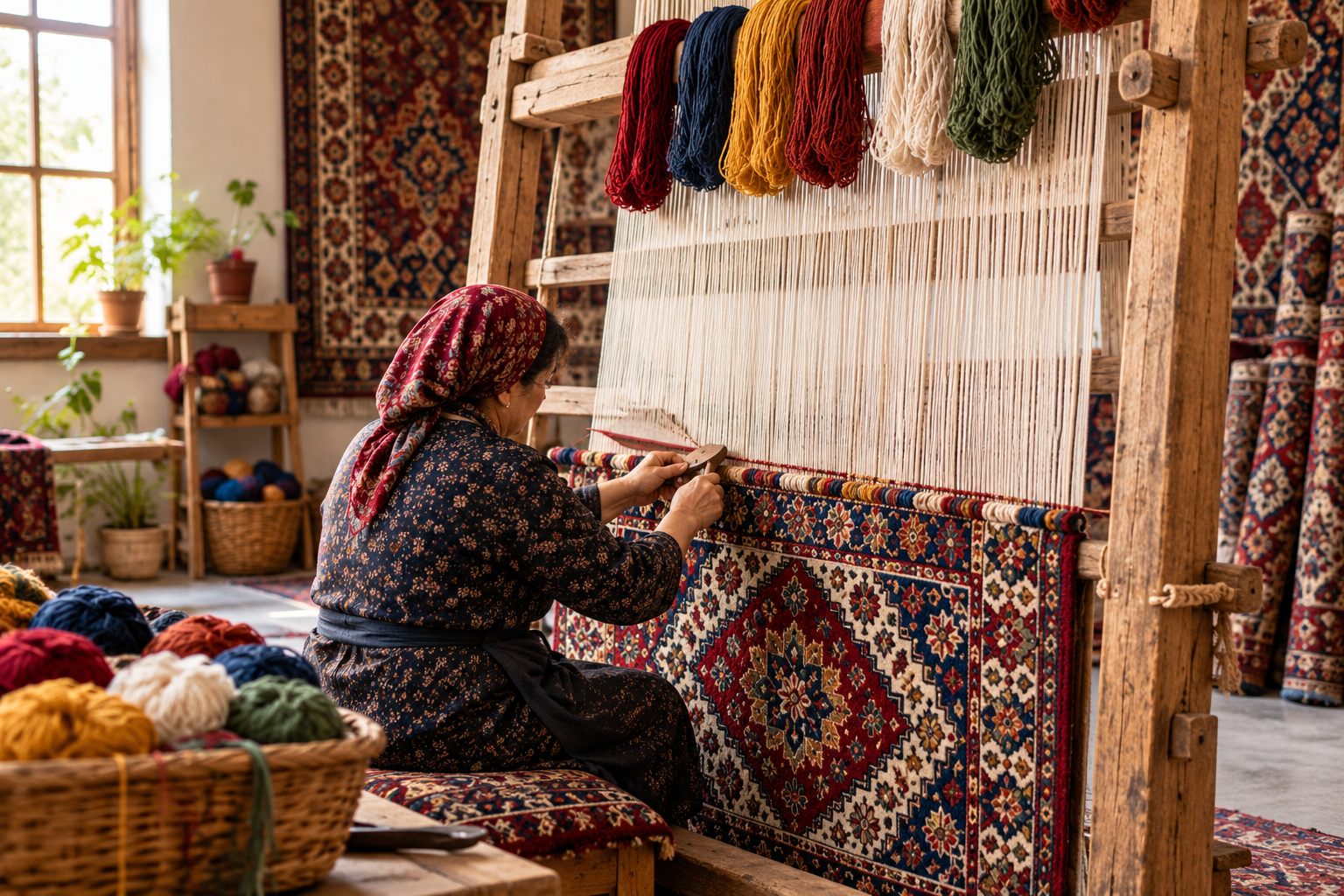 Hands tying knots on a traditional loom