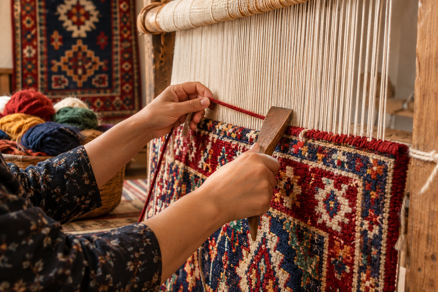 A medallion rug being woven on a wooden loom