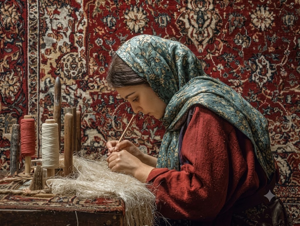 Hands weaving a rug on a loom